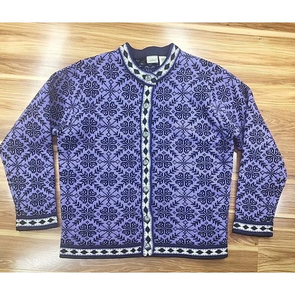 L.L. Bean Purple and Black Cardigan Sweater with Nordic Patterns